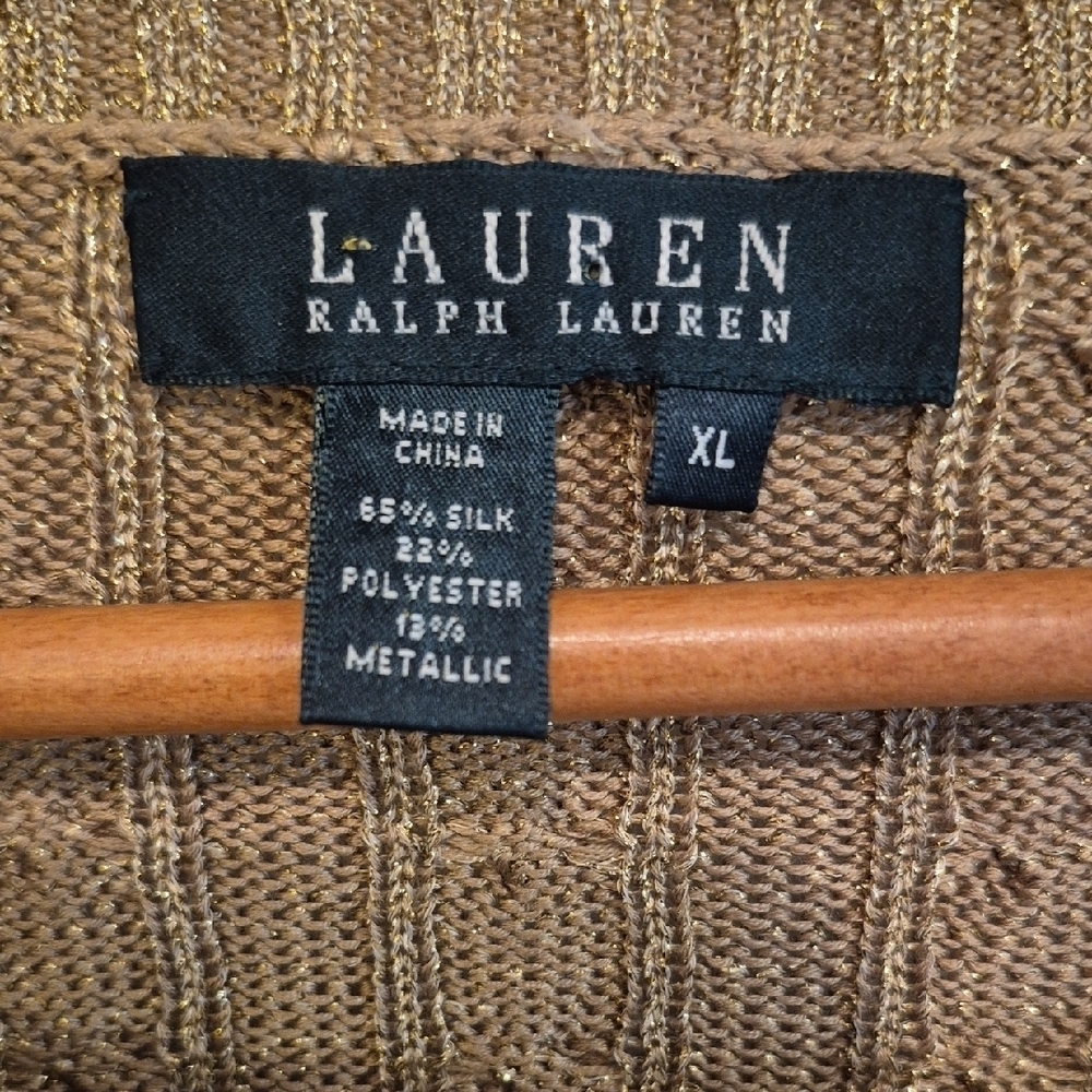 Lauren Ralph Lauren Gold Metallic Ribbed Silk Blend Crew Neck Sweater - Picture 2 of 7